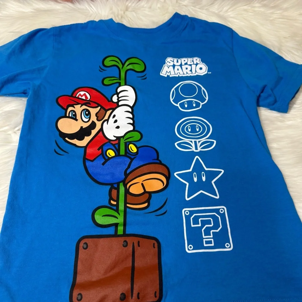 Nintendo Super Mario Youth Boy Size 7 Blue Graphic Short Sleeve Shirt